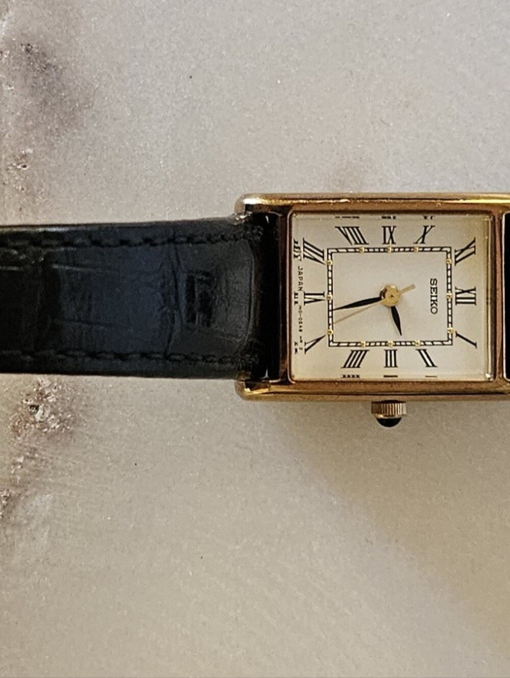 Seiko Women's Tank Watch w/ White Face & Black Leather Strap, Cabuchon stem - Picture 6 of 11